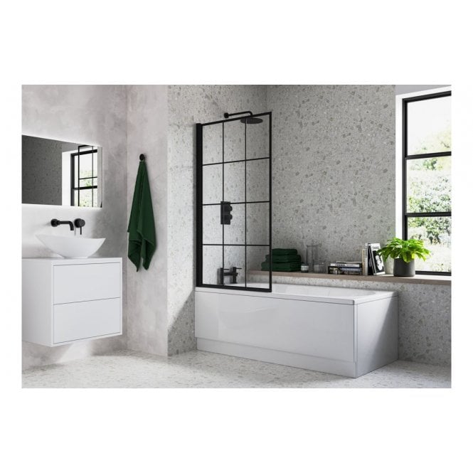 Plumb Warehouse 800x1400mm Square Grid Bath Screen (6mm) - Black