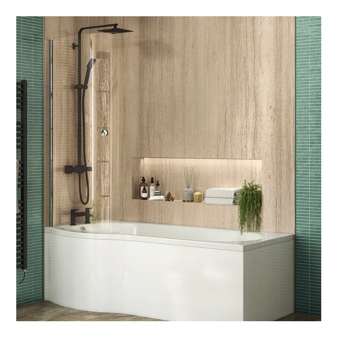 Plumb Warehouse Beta 860mm x 1440mm P Shaped Bath Screen w/ Towel Rail