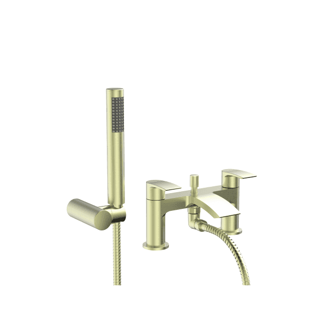 Plumb Warehouse Psi PVD Coated Bath Shower Mixer with 2 Tap Holes, Slide Rail and Fixed and Handheld Shower Head - Brushed Brass