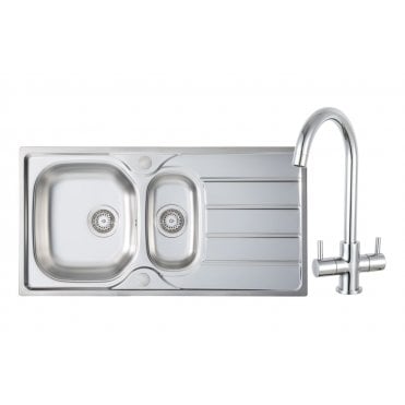 Prima 1.5 Bowl Inset Sink and Staten Tap Pack - Stainless Steel and Chrome