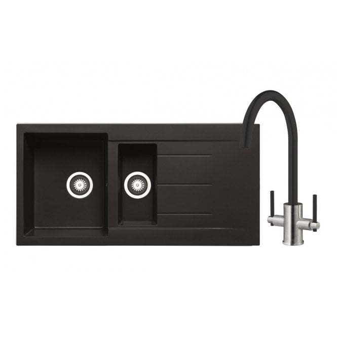 Prima + Granite 1.5 Bowl Inset Sink and Swan Neck Mixer Tap Pack - Black
