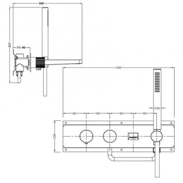 RAK Amalfi Two Outlet Horizontal Thermostatic Concealed Shower Valve with Handset and Bath Spout