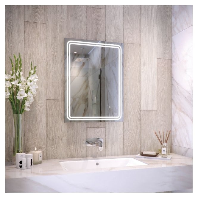 RAK Ceramics RAK Pluto Portrait Illuminated LED Bluetooth Mirror with Switch and Demister Pad 800mm x 600mm