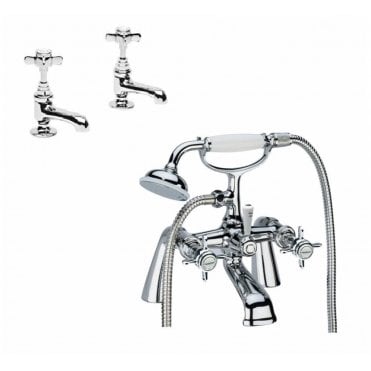 Tavistock Varsity Bath Shower Mixer Tap & Pair Of Basin Taps Set - TVA42 + TVA70
