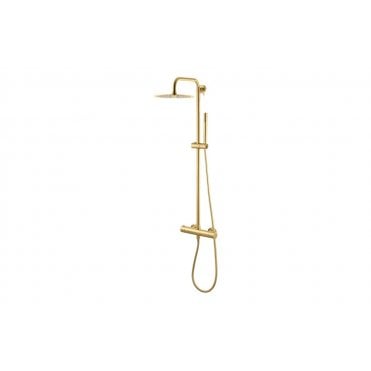 Vema Thermostatic Round Bar Valve with Fixed Head & Riser - Brushed Brass